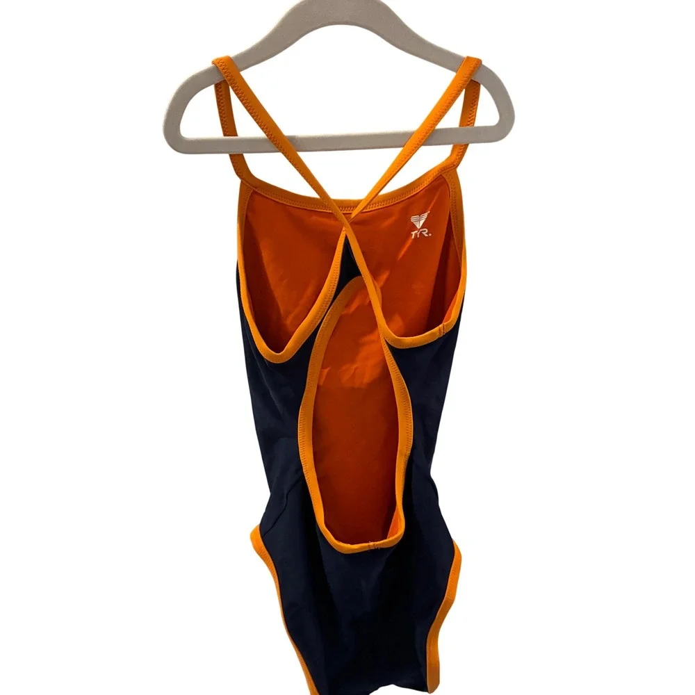 TYR Reversible One Piece Swimsuit Girls Size 22 Navy Orange Back Cut Out Swim